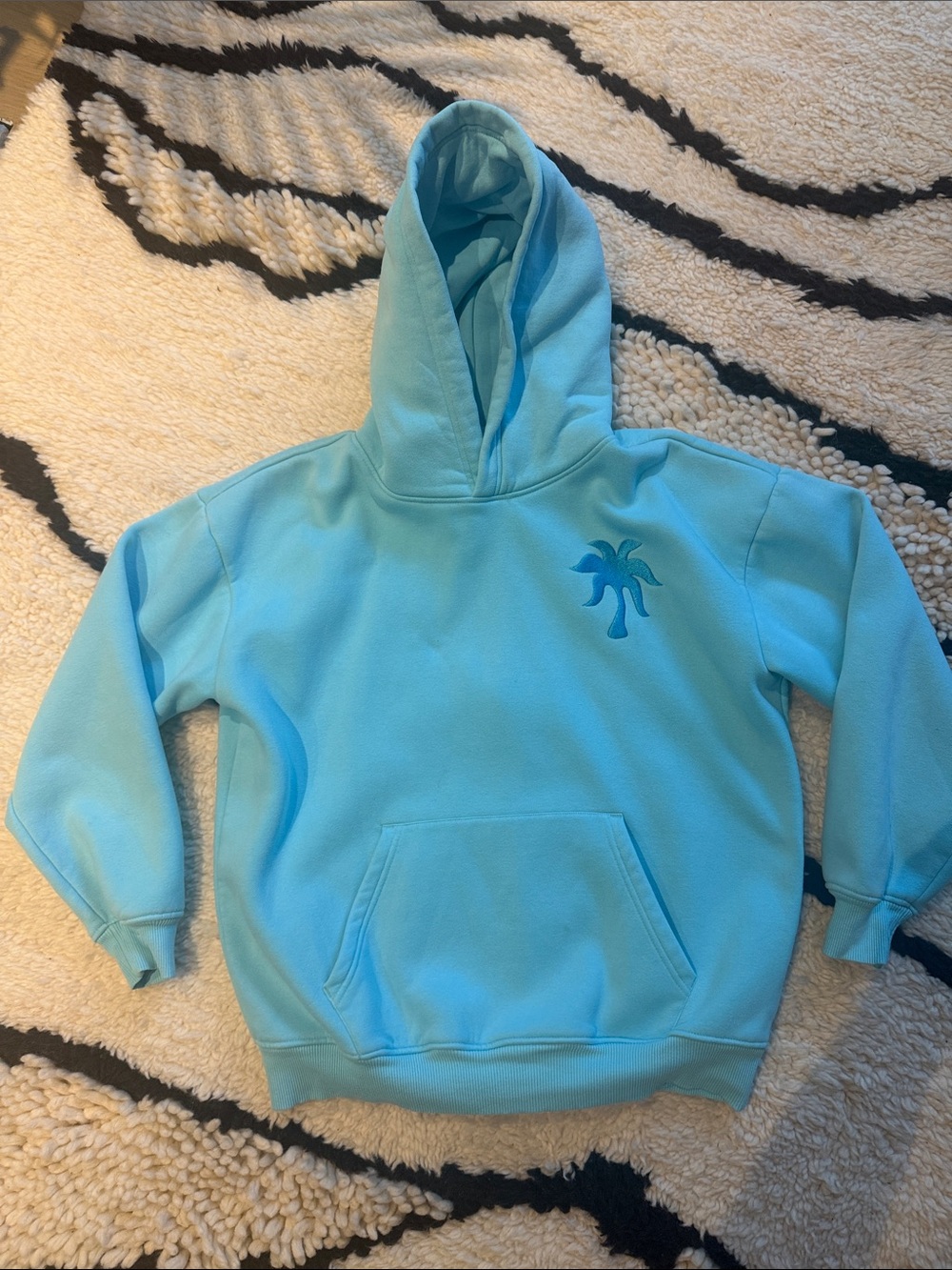 Pink Palm Purr Aqua Pullover Hoodie with Palm Tree. Size Small